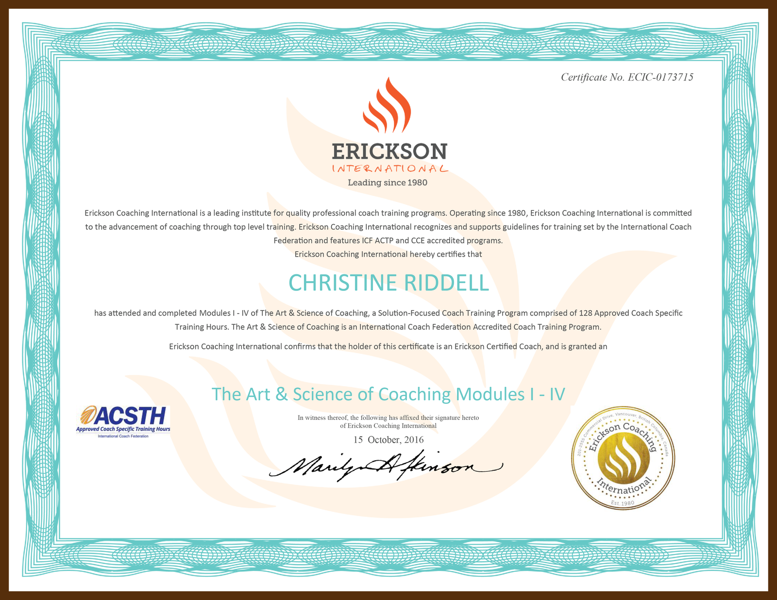 EPC-Erickson Professional Coach Certification– 2016