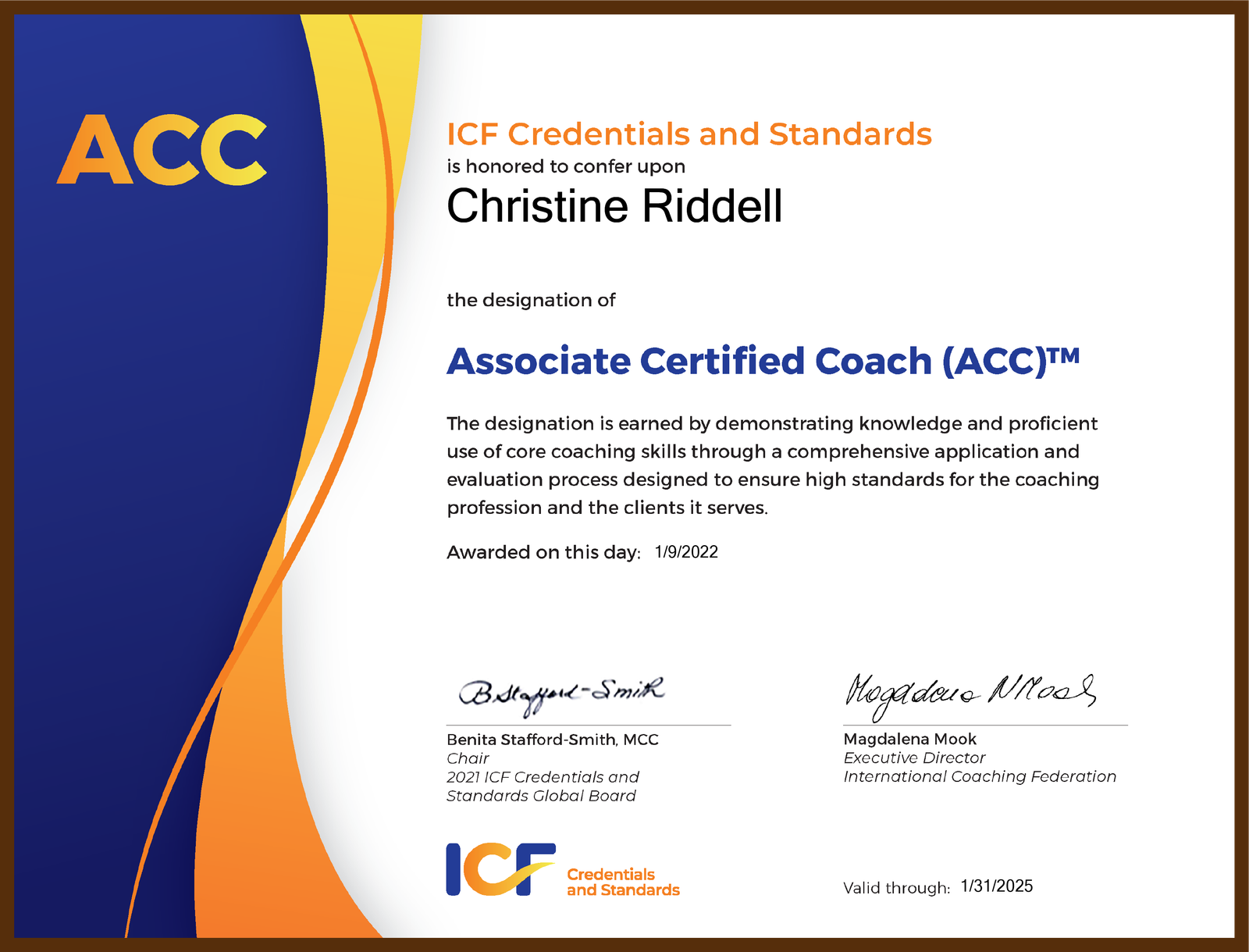 ACC Credentials - Accredited Certified Coach with the International Coaching Federation - 2021